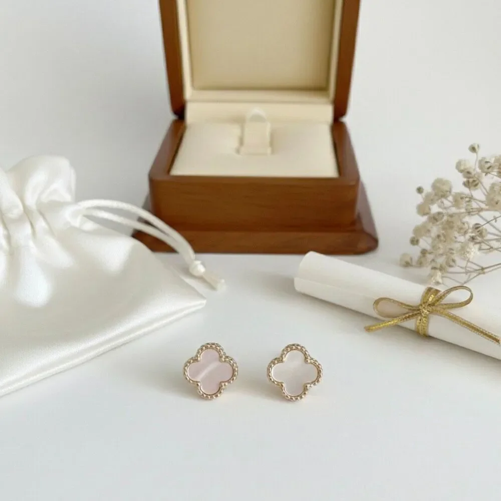 Mother of Pearl Clover Stud Earrings Gold Vermeil Beaded Trim Elegant Gift New